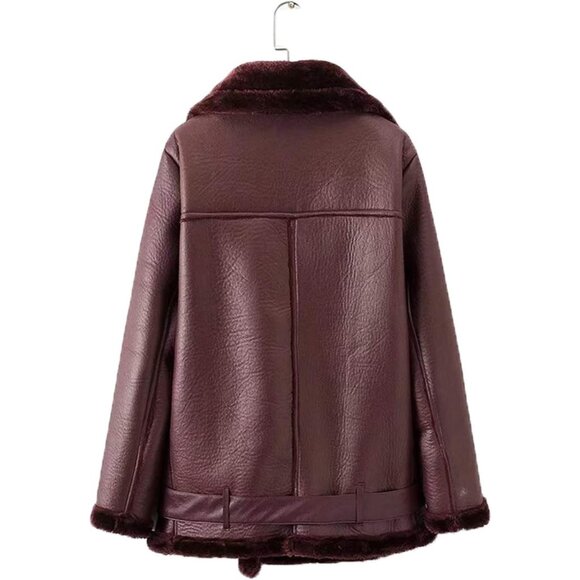 Women Wine Red Faux Shearling Moto Jacket Thick Lined Winter Leather Coat - Picture 6 of 6